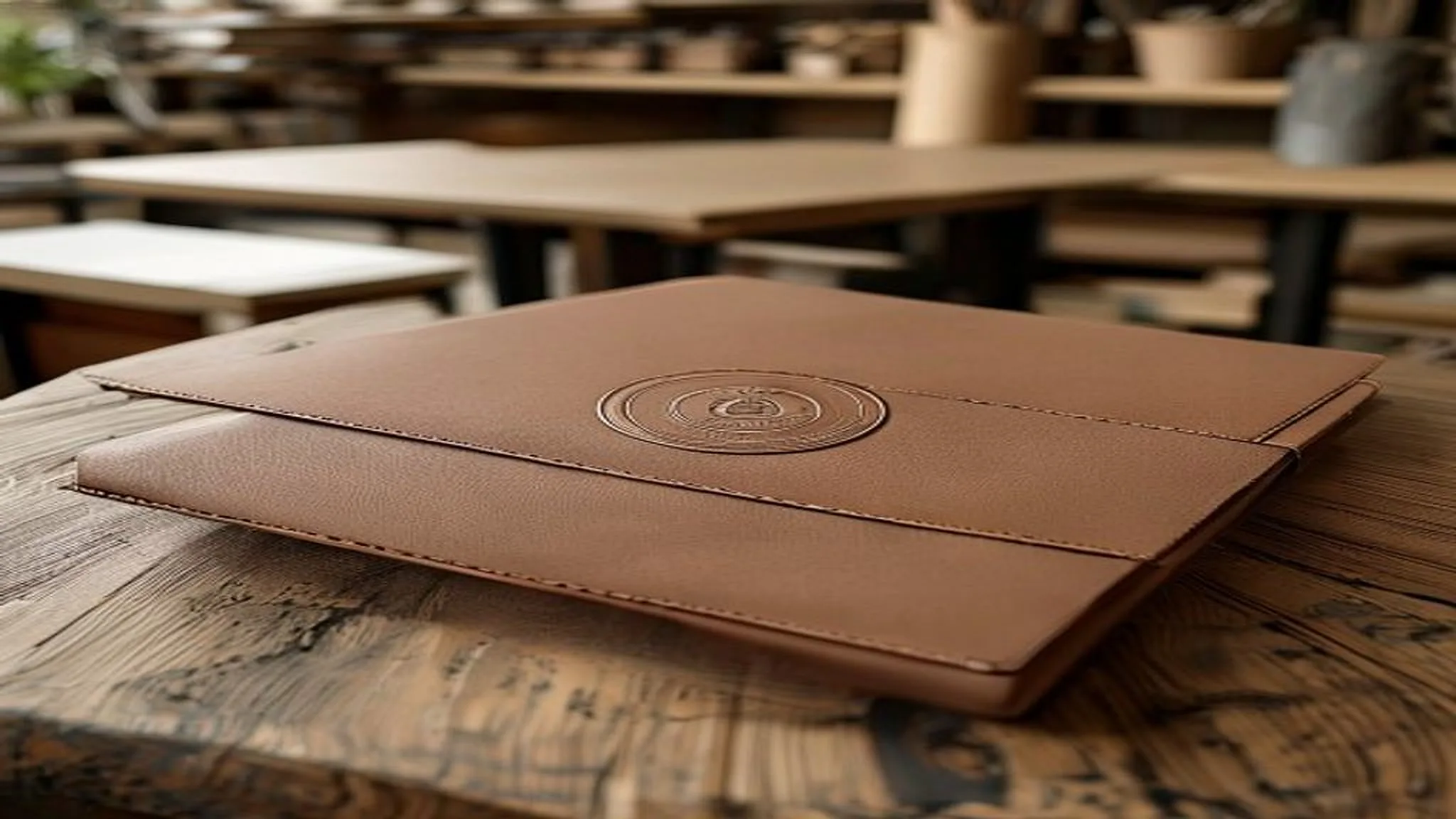 Agendas corporativas con tapa de biocuero color camel grabadas en bajorrelieve sobre mesa del taller