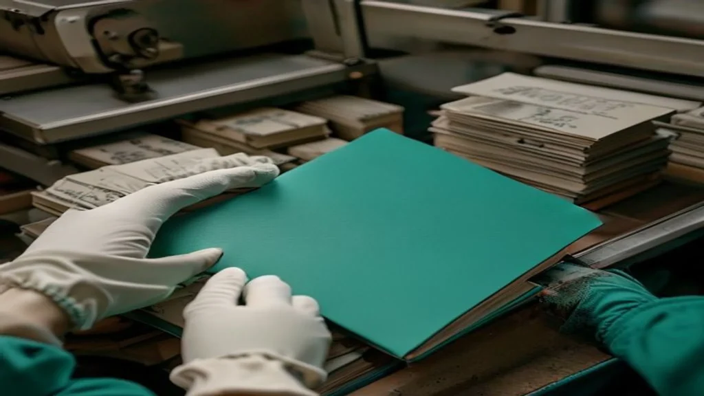 Libro tapa blanda recién impreso junto a la prensa
