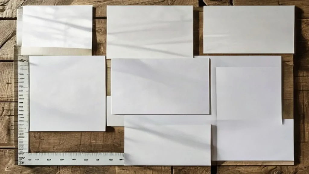 Hojas de distintos formatos de papel ordenadas sobre una mesa
