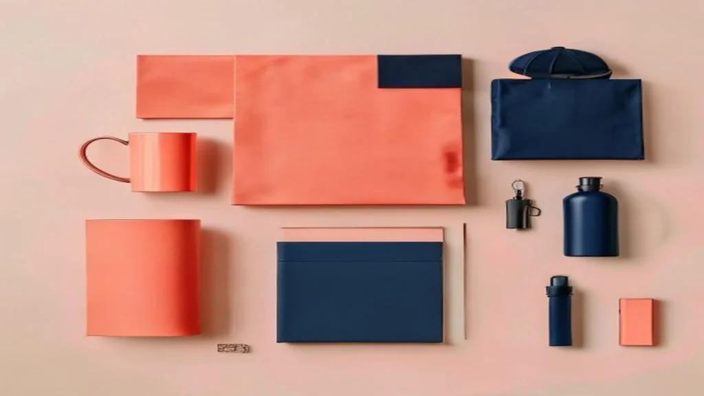 Merchandising corporativo variado sobre fondo neutro