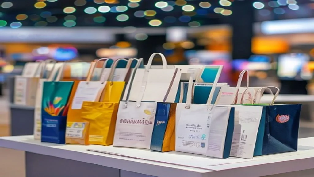 Stand de feria con merchandising listo para visitantes