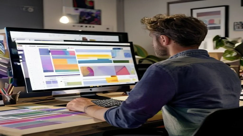 Diseñador revisando pruebas de color CMYK en su escritorio