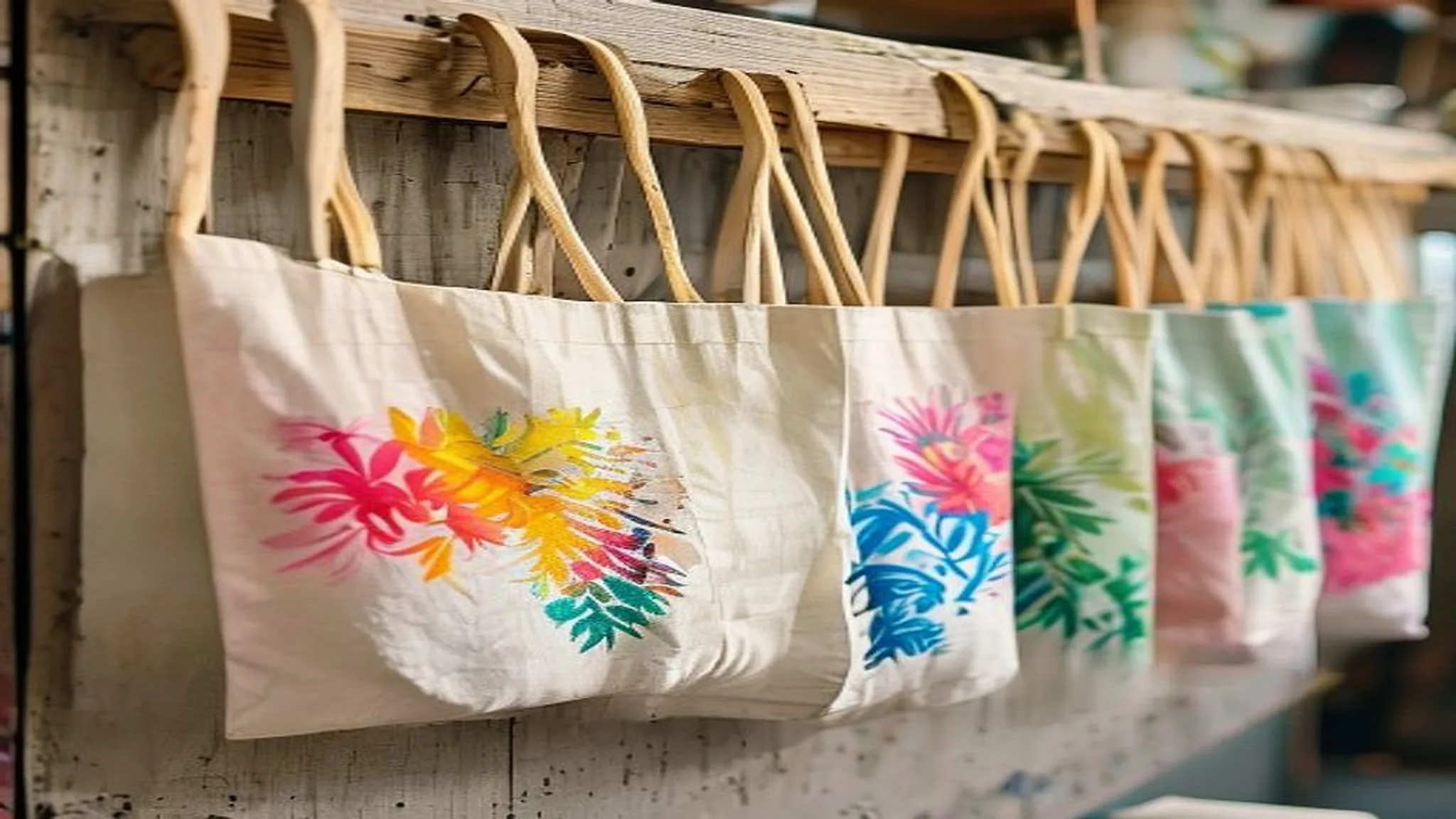 Tote bags de algodón con estampados a color colgadas en el taller