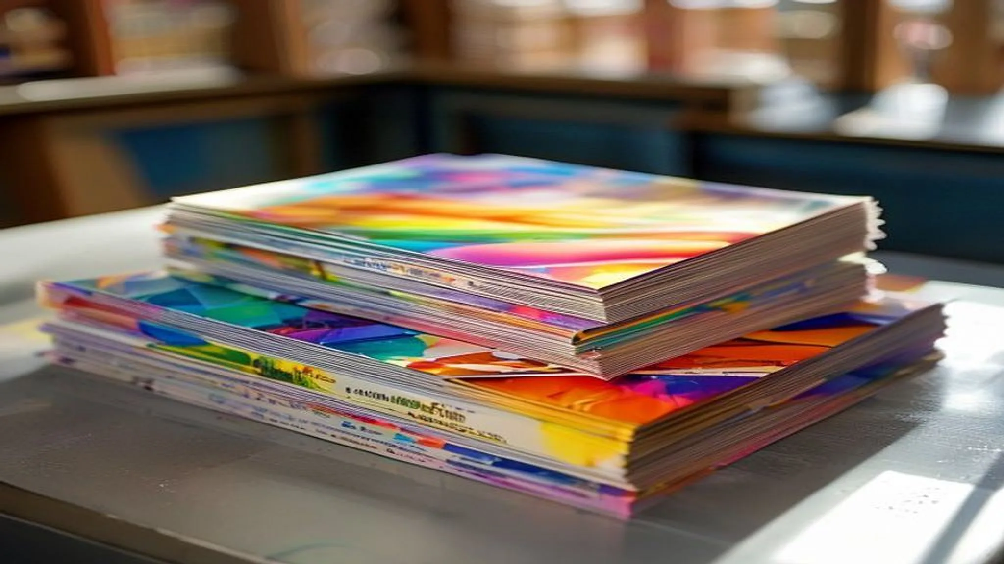 Catálogos a todo color recién impresos, uno abierto mostrando sus páginas