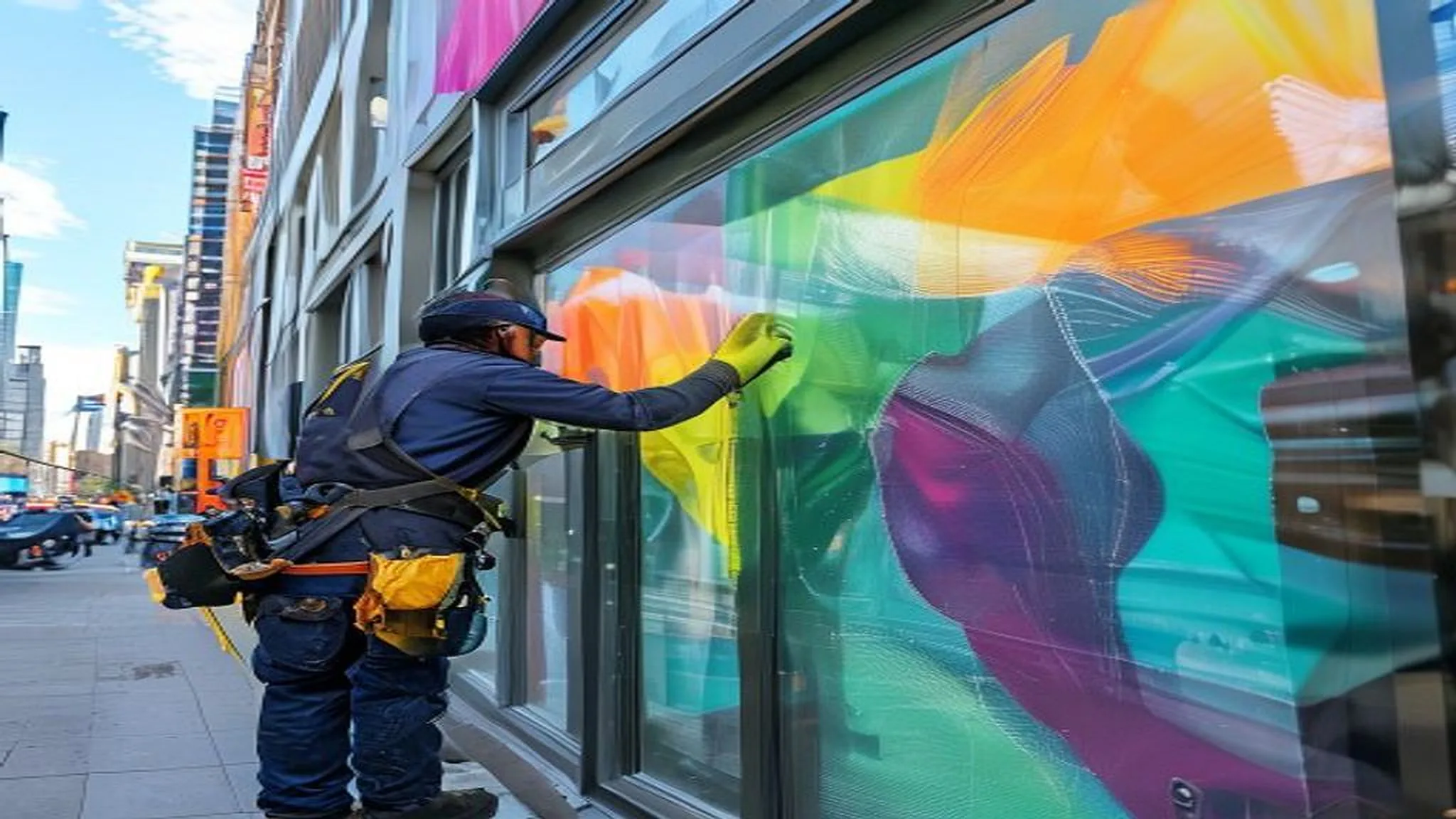 Instalador aplicando vinilo adhesivo sobre la vitrina de un local comercial en Lima
