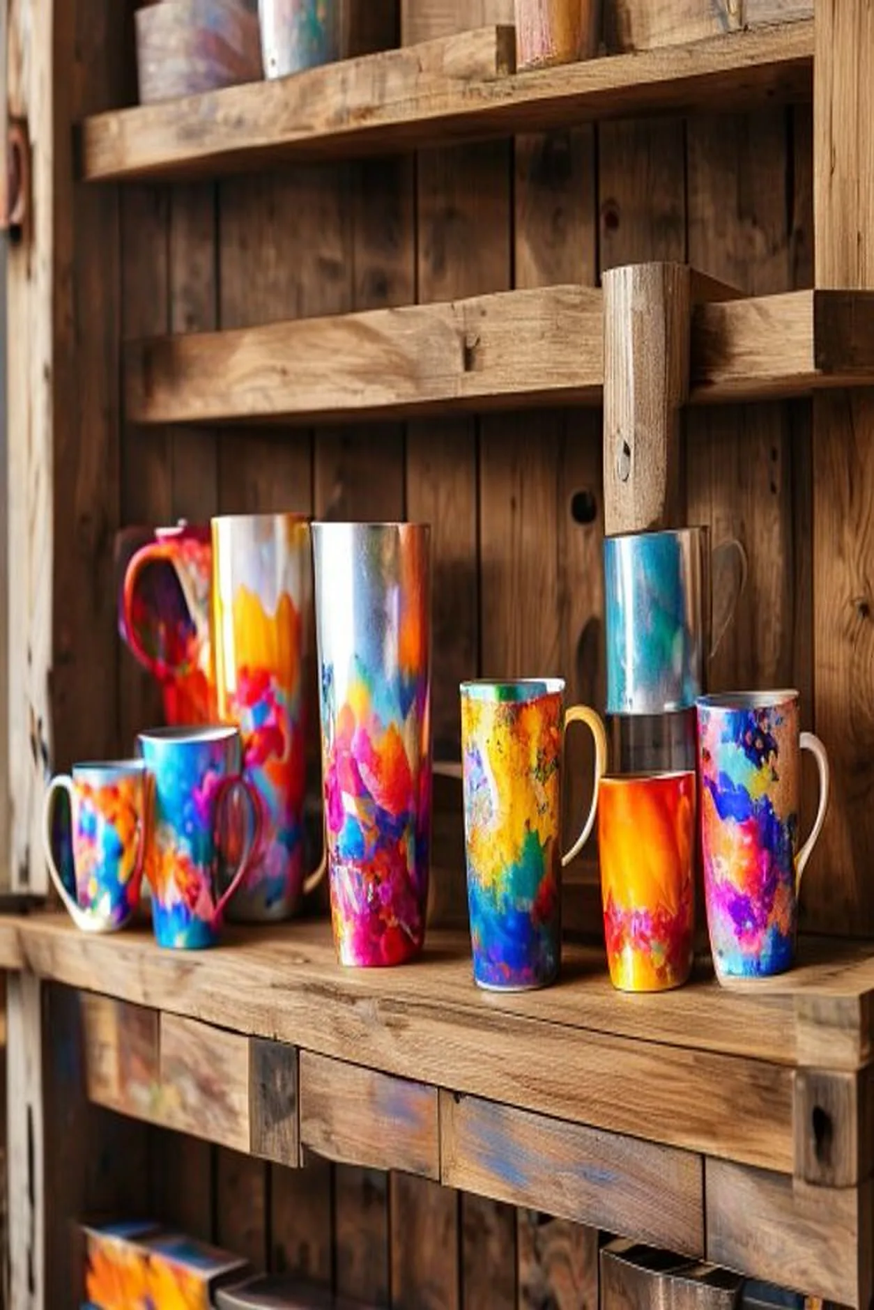 Tazas y tomatodos personalizados a todo color en repisa del taller
